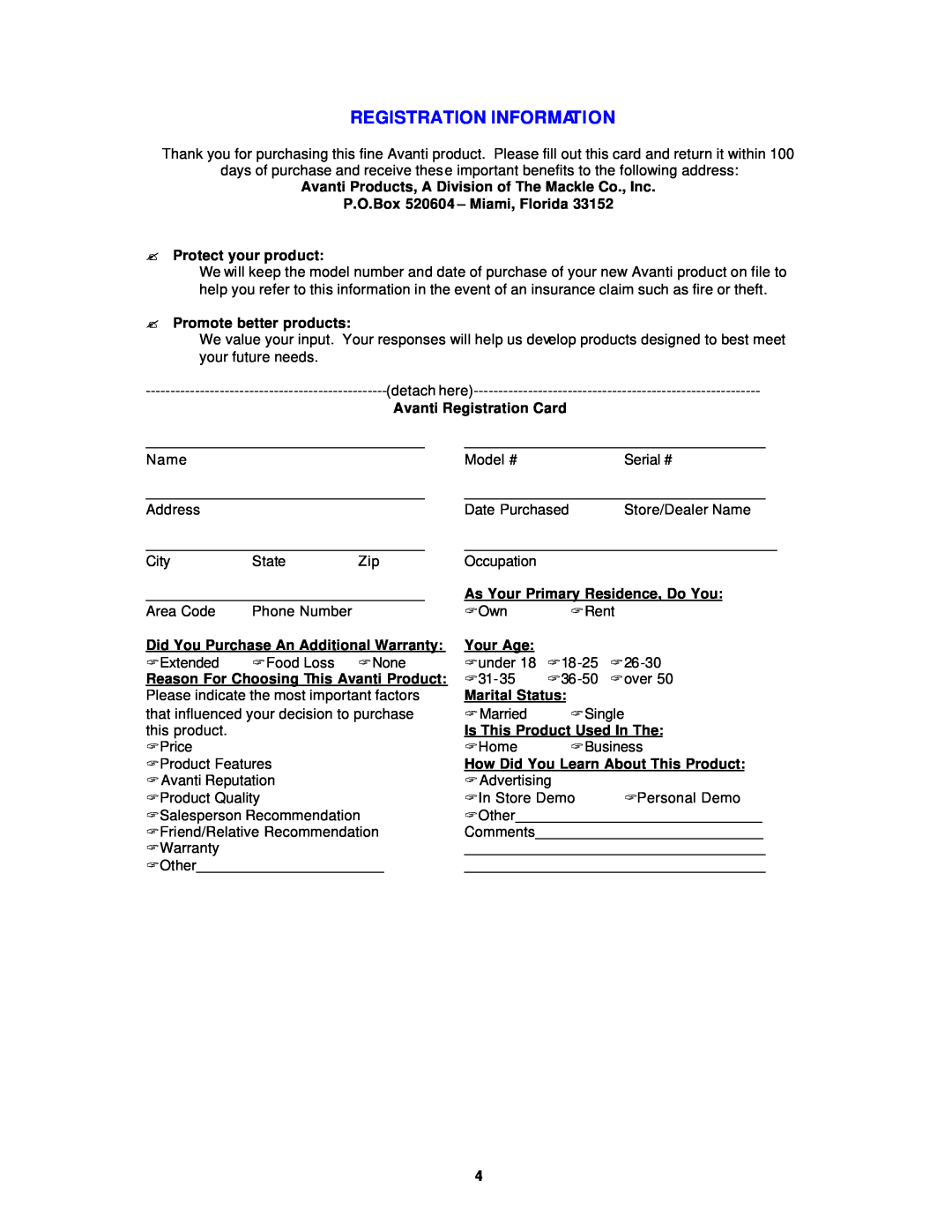 Avanti WC3201D instruction manual Registration Information 