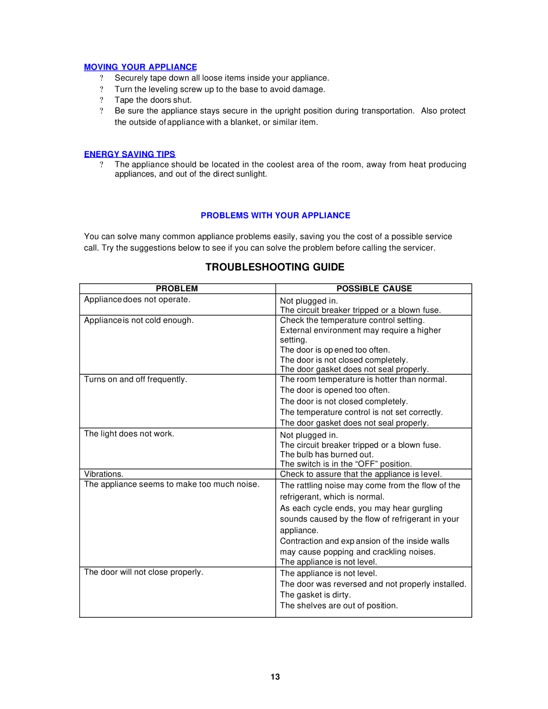 Avanti WC331DZD instruction manual Moving Your Appliance, Energy Saving Tips, Problems with Your Appliance 