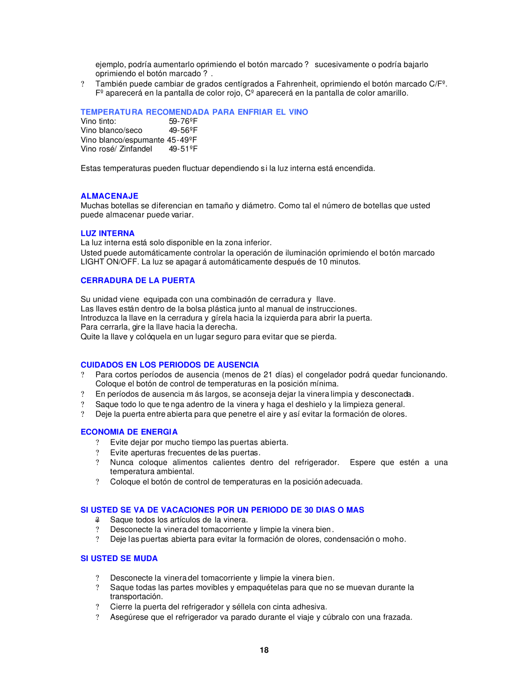 Avanti WC331DZD Almacenaje, LUZ Interna, Cerradura DE LA Puerta, Cuidados EN LOS Periodos DE Ausencia, Economia DE Energia 