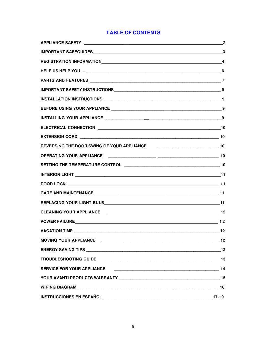 Avanti WC331DZD instruction manual Table of Contents 