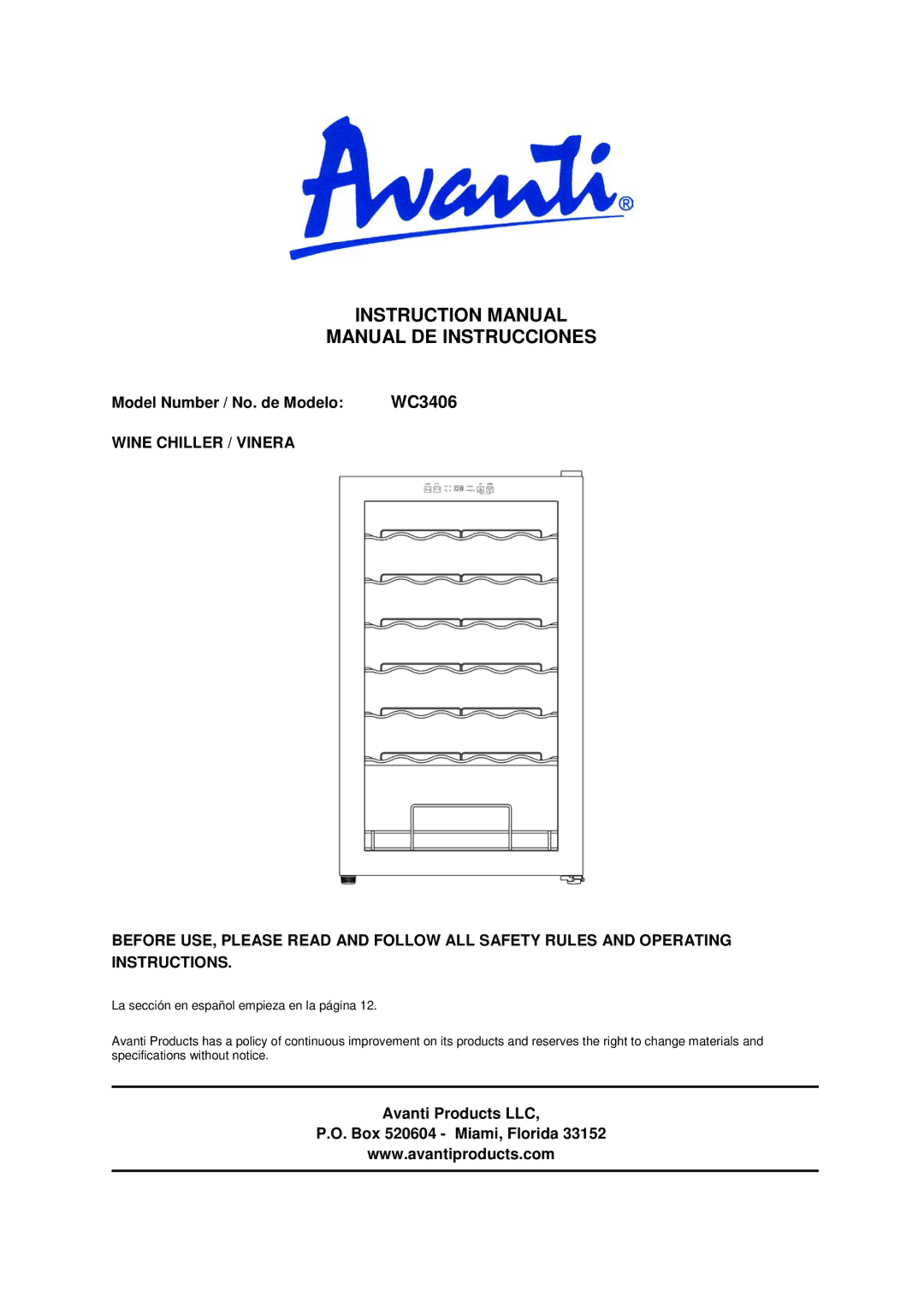 Avanti WC3406 instruction manual Manual DE Instrucciones, Model Number / No. de Modelo 