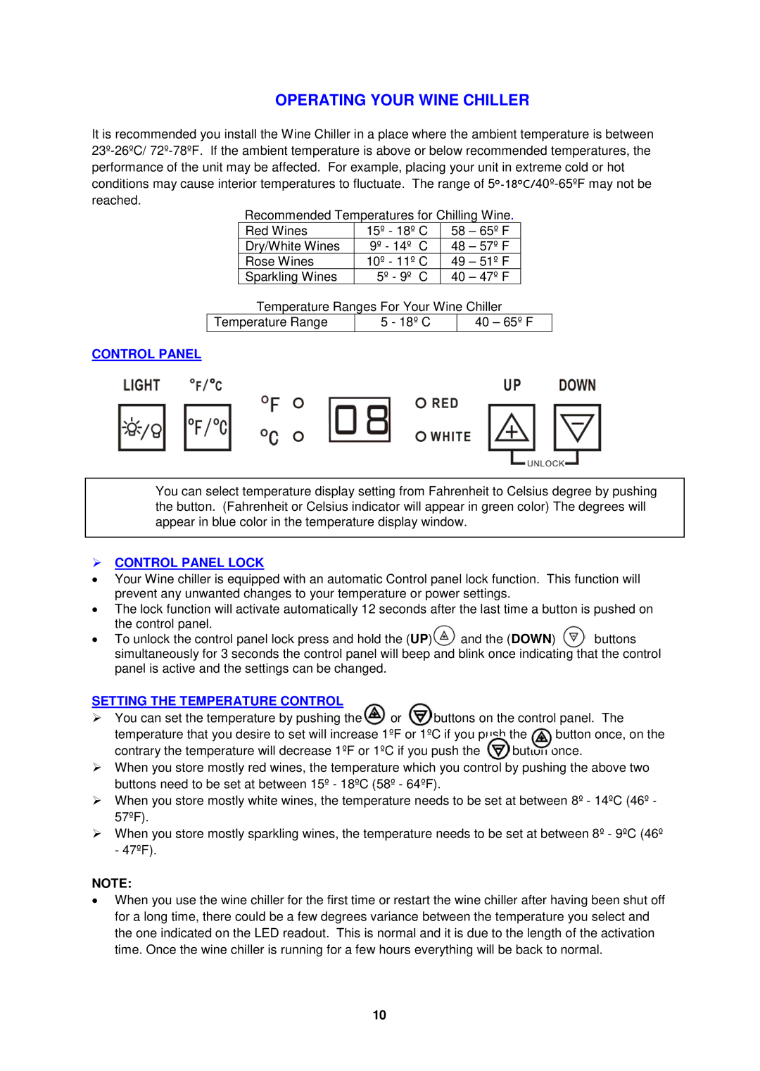 Avanti WC3406 instruction manual Operating Your Wine Chiller 