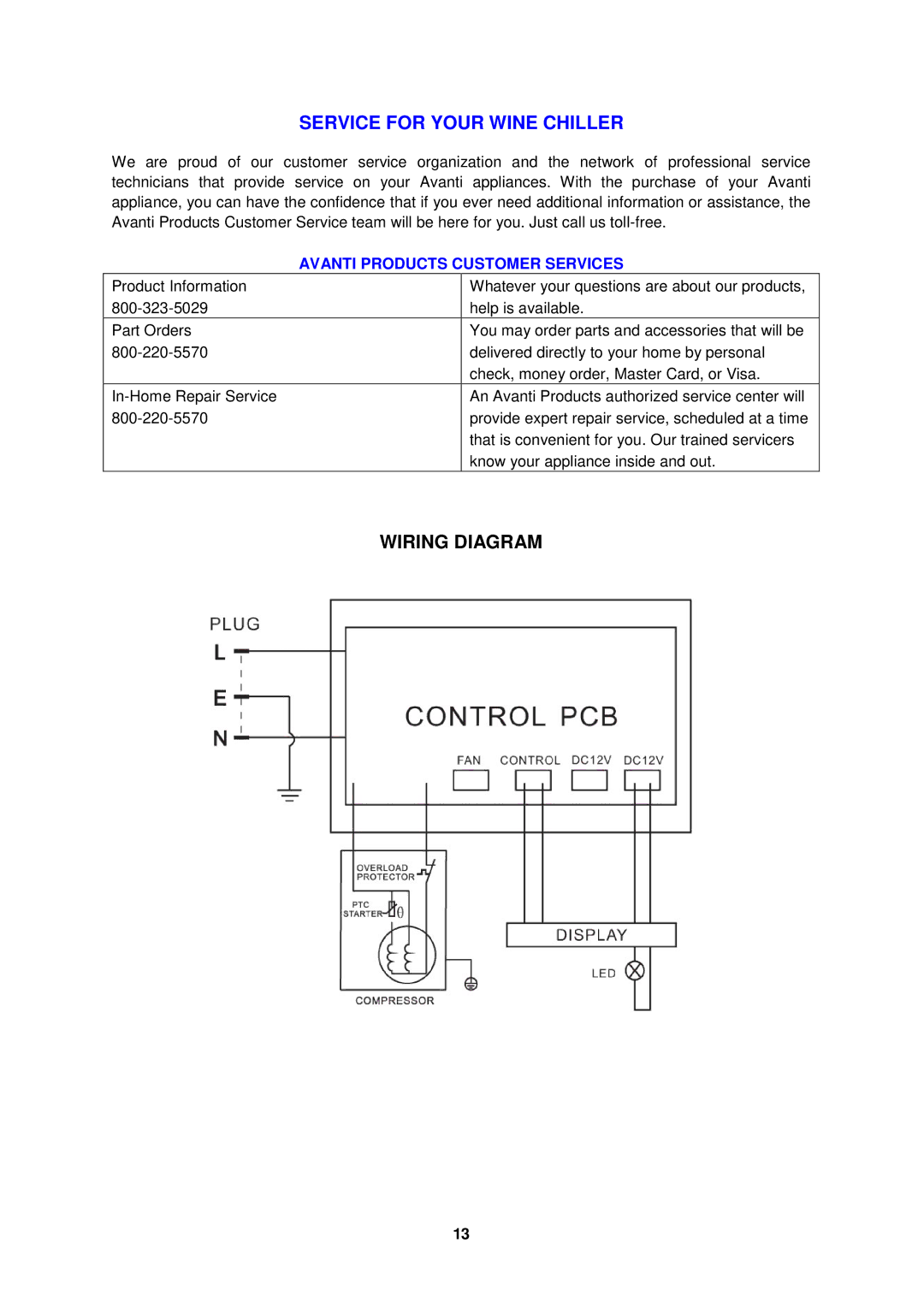 Avanti WC3406 instruction manual Service for Your Wine Chiller, Wiring Diagram 