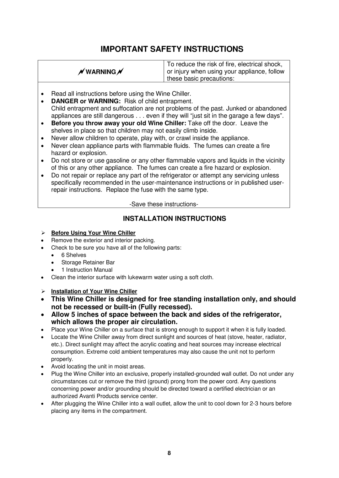 Avanti WC3406 Installation Instructions,  Before Using Your Wine Chiller,  Installation of Your Wine Chiller 