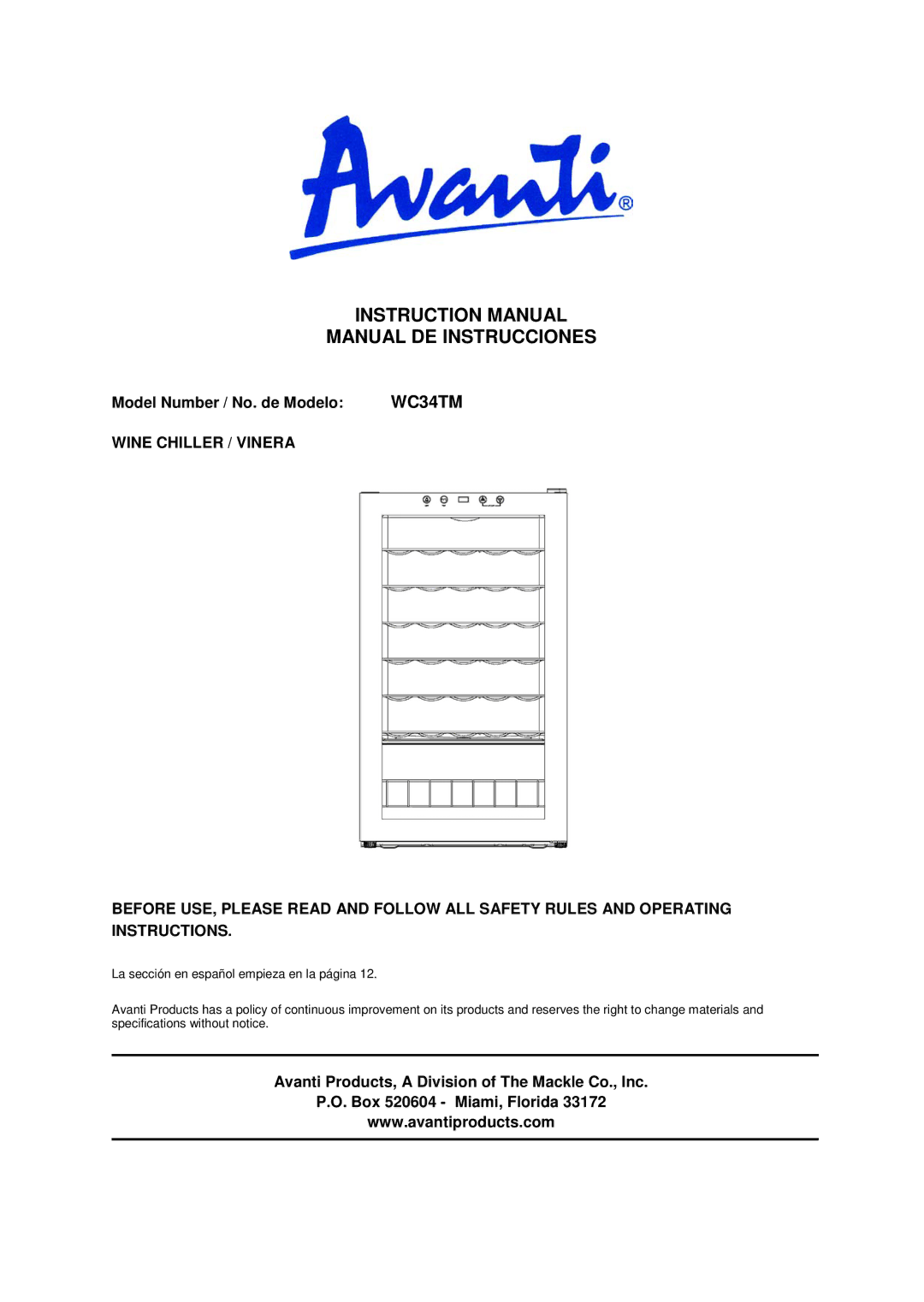 Avanti WC34TM instruction manual Manual DE Instrucciones, Model Number / No. de Modelo 