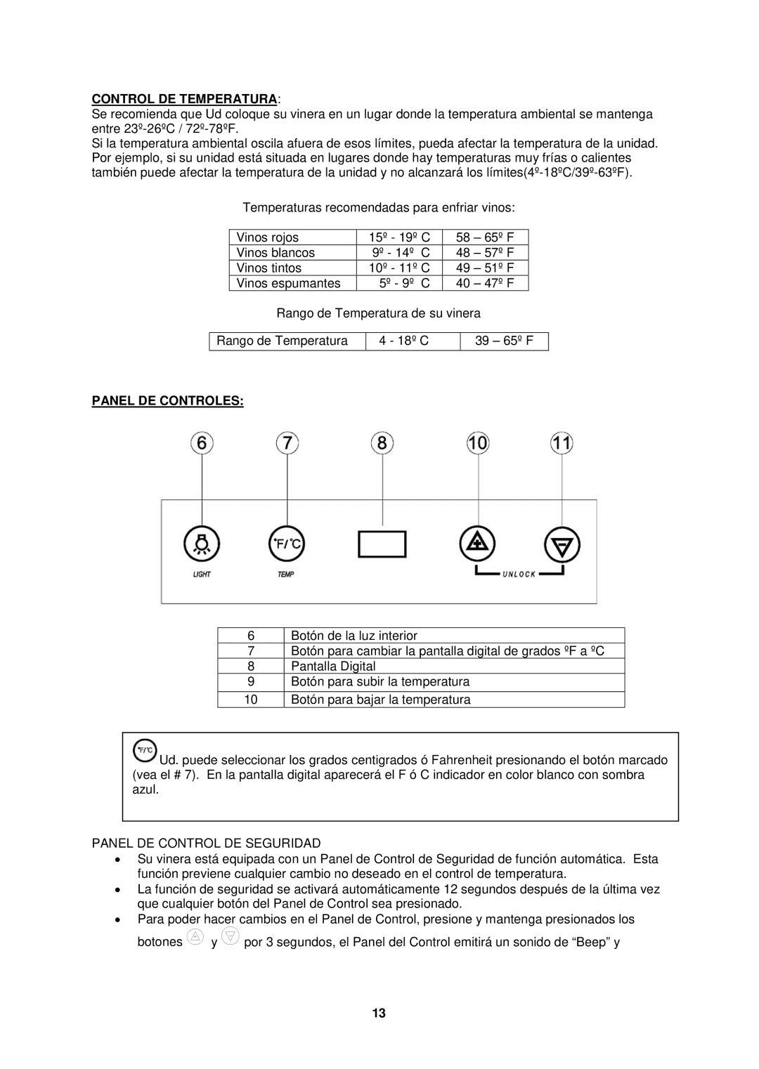 Avanti WC34TM instruction manual Control DE Temperatura, Panel DE Controles 