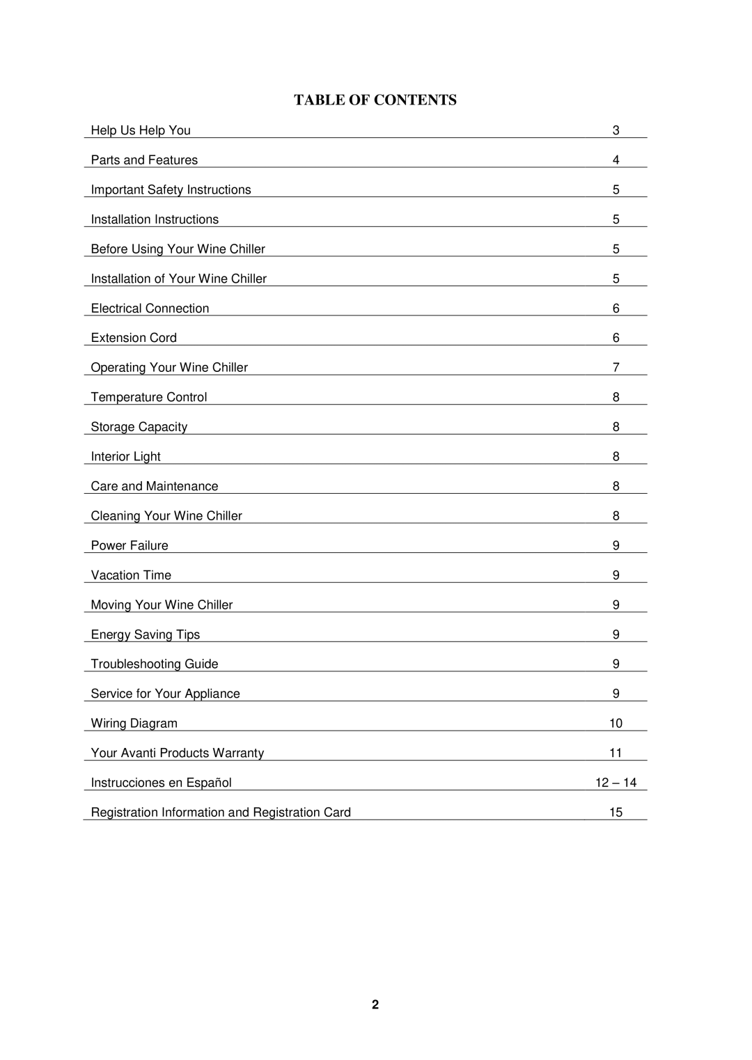 Avanti WC34TM instruction manual Table of Contents 