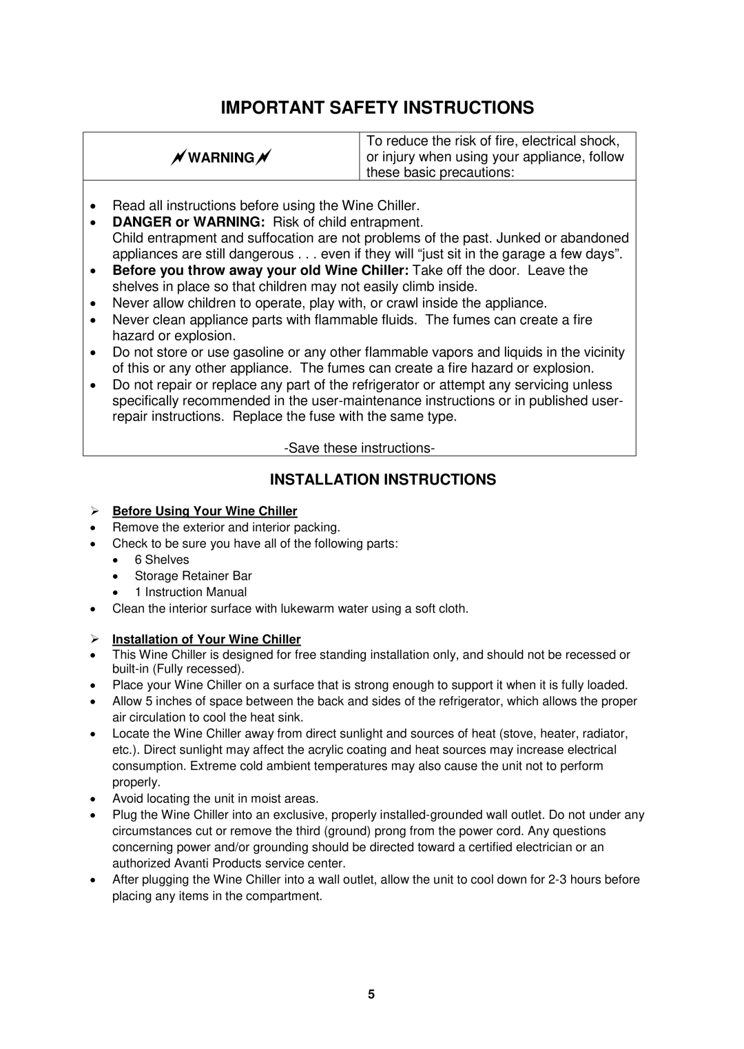 Avanti WC34TM Installation Instructions,  Before Using Your Wine Chiller,  Installation of Your Wine Chiller 