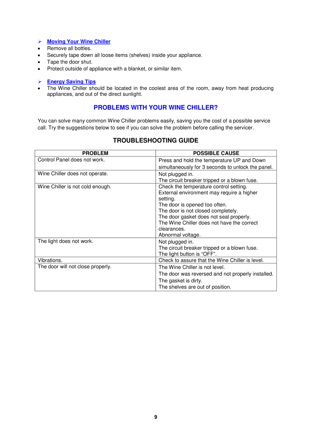 Avanti WC34TM Troubleshooting Guide,  Moving Your Wine Chiller,  Energy Saving Tips, Problem Possible Cause 