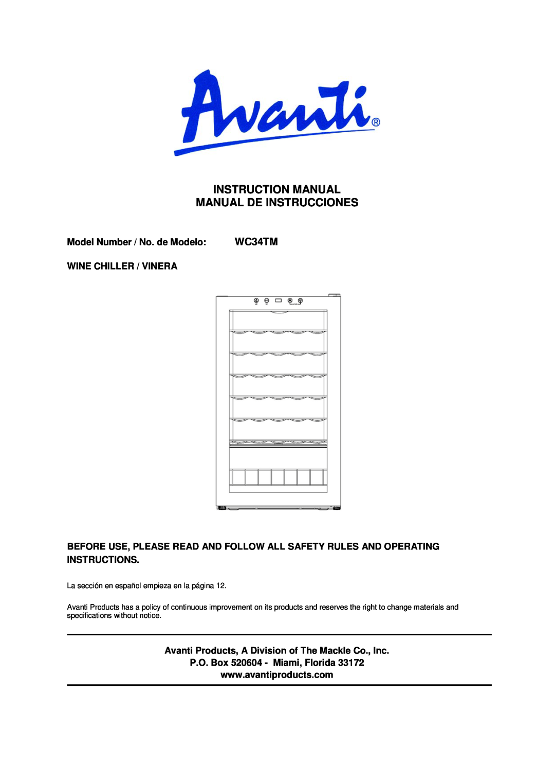 Avanti WC34TM instruction manual Model Number / No. de Modelo, Wine Chiller / Vinera, P.O. Box 520604 - Miami, Florida 