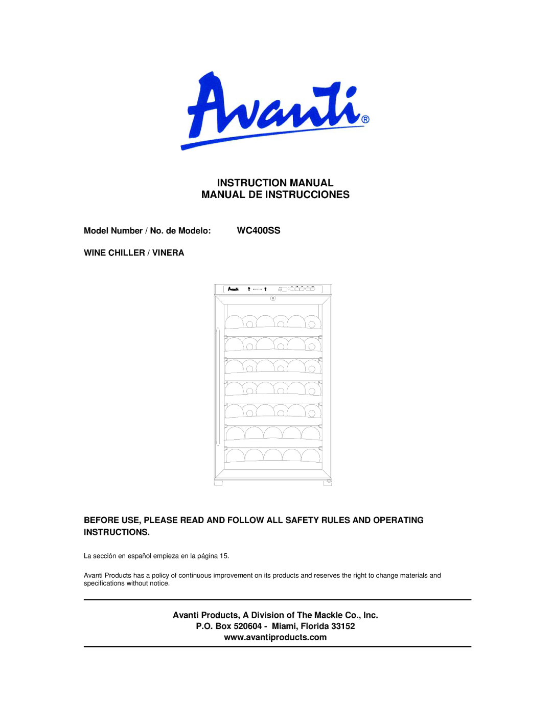 Avanti WC400SS instruction manual Manual DE Instrucciones, Model Number / No. de Modelo 