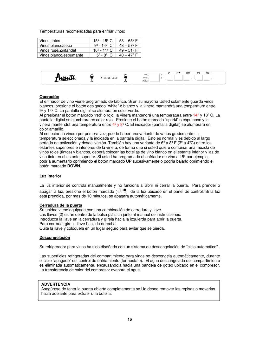 Avanti WC400SS instruction manual Operación, Luz interior, Cerradura de la puerta, Descongelación, Advertencia 