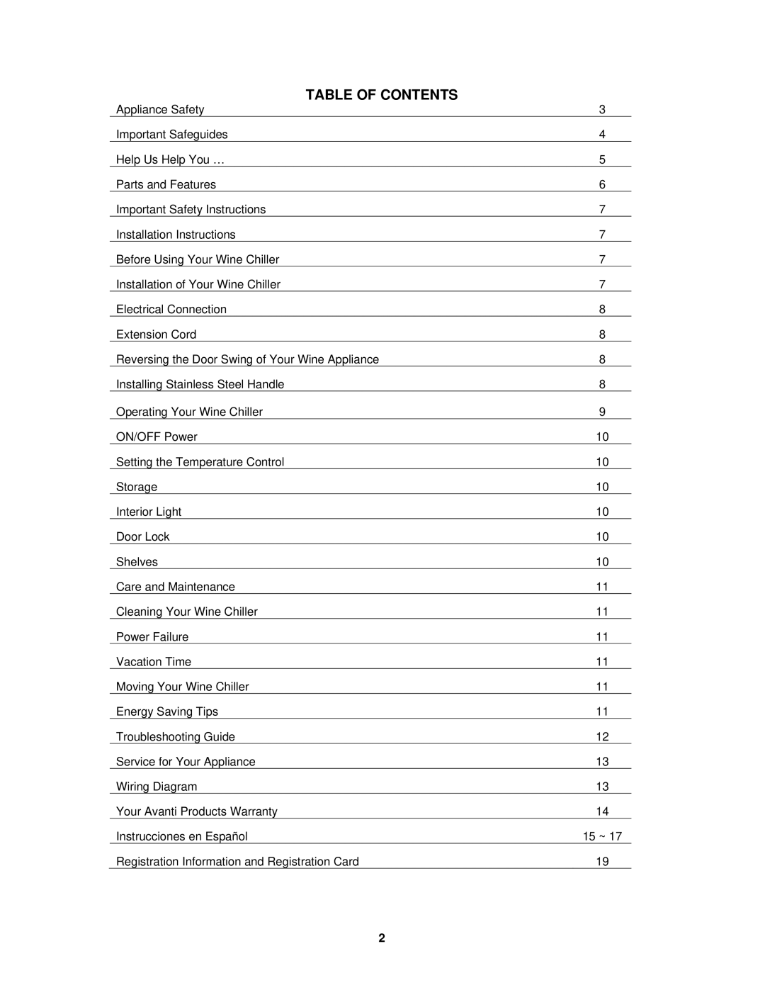 Avanti WC400SS instruction manual Table of Contents 