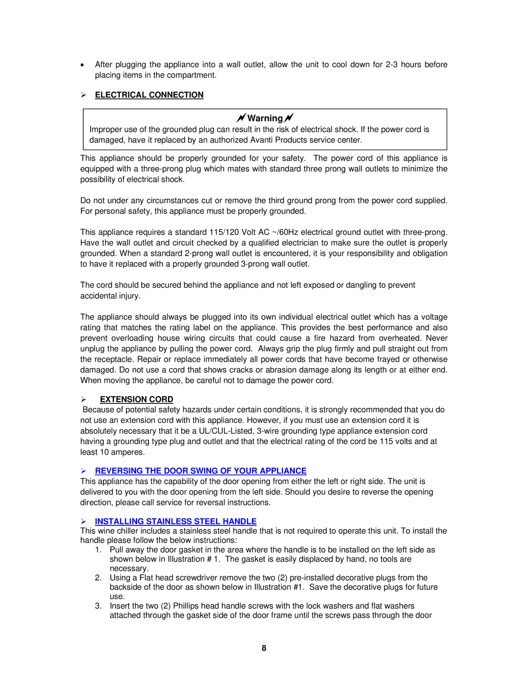 Avanti WC400SS instruction manual ¾ Electrical Connection, ¾ Extension Cord, ¾ Reversing the Door Swing of Your Appliance 