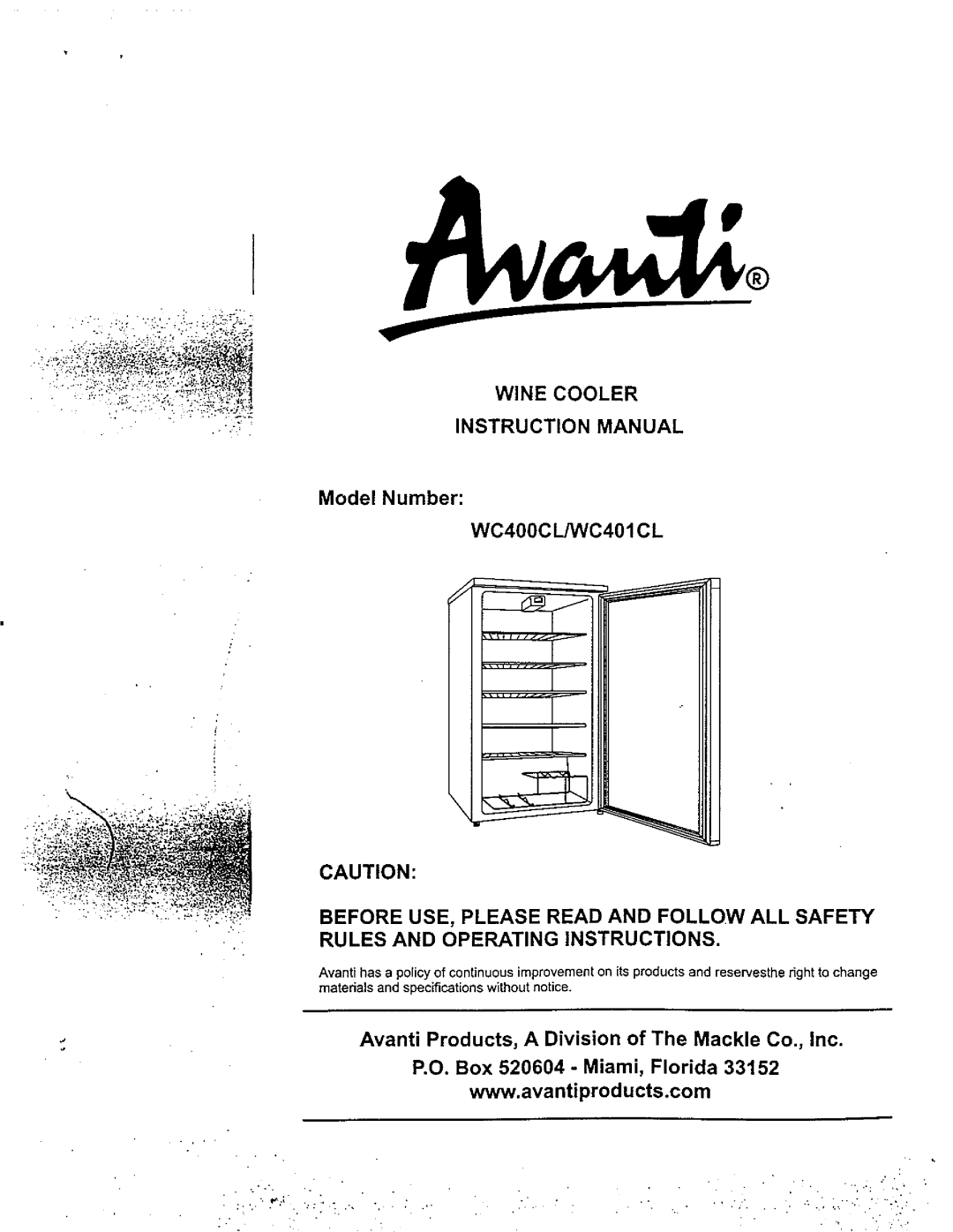 Avanti WC400CL, WC401CL manual 