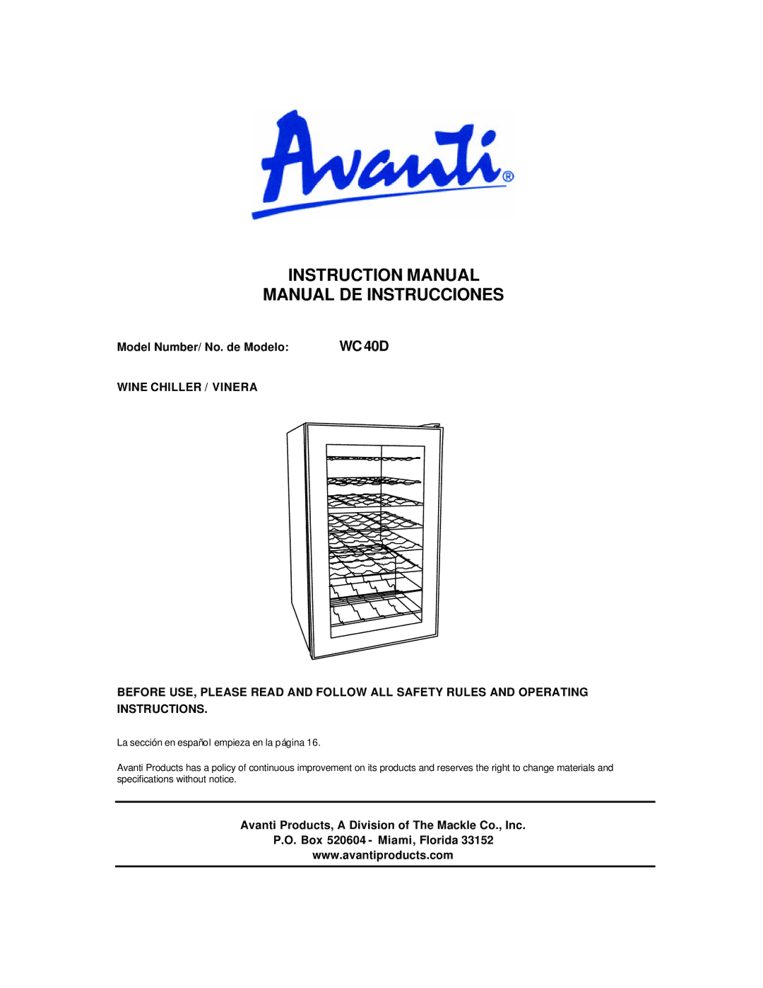 Avanti WC40D instruction manual Manual DE Instrucciones, Model Number/ No. de Modelo 