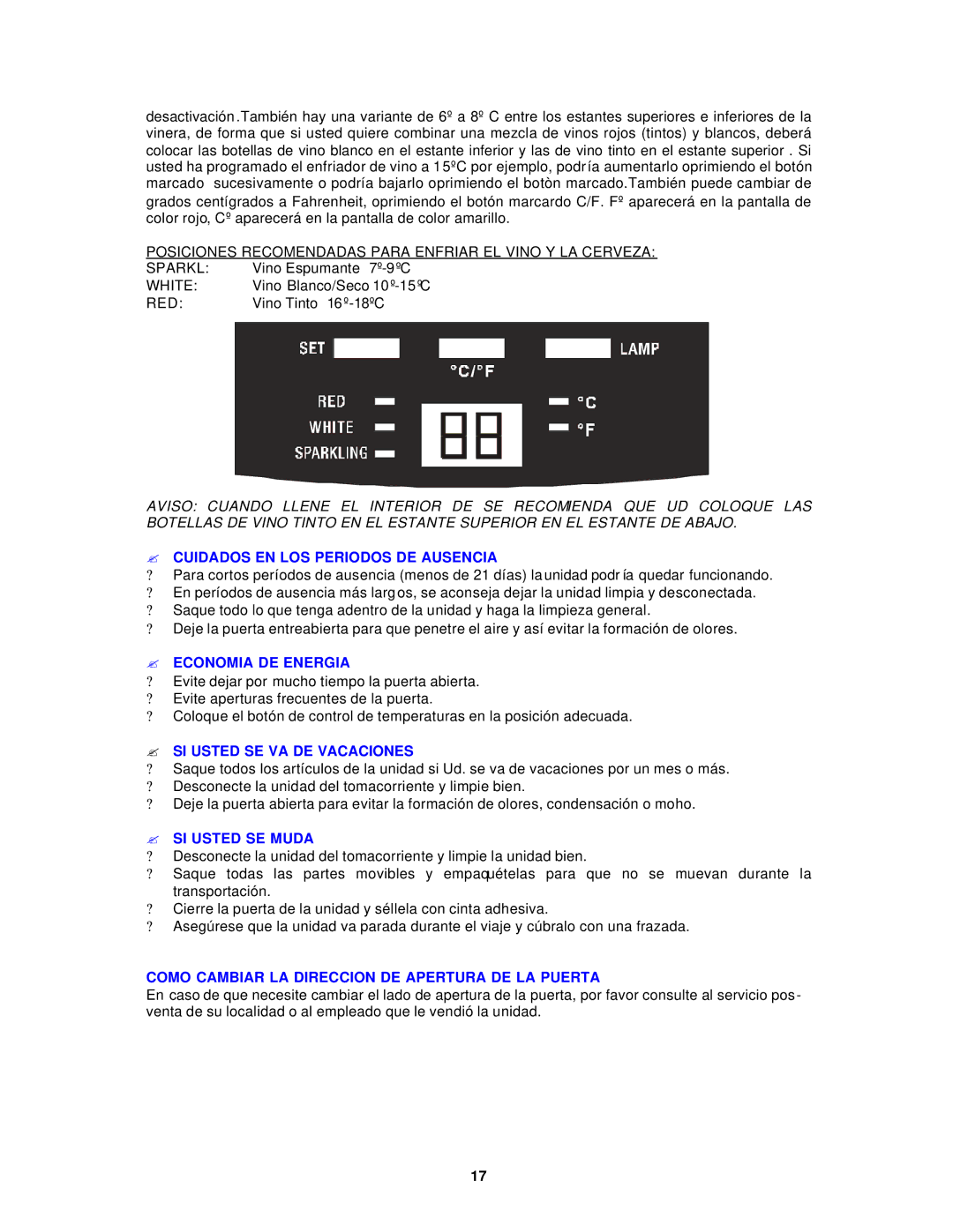 Avanti WC40D ? Cuidados EN LOS Periodos DE Ausencia, ? Economia DE Energia, ? SI Usted SE VA DE Vacaciones 