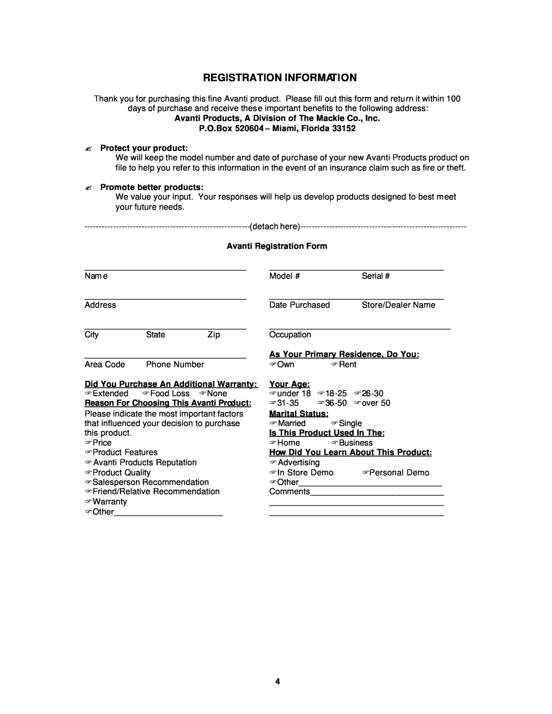 Avanti WC40D instruction manual Registration Information 