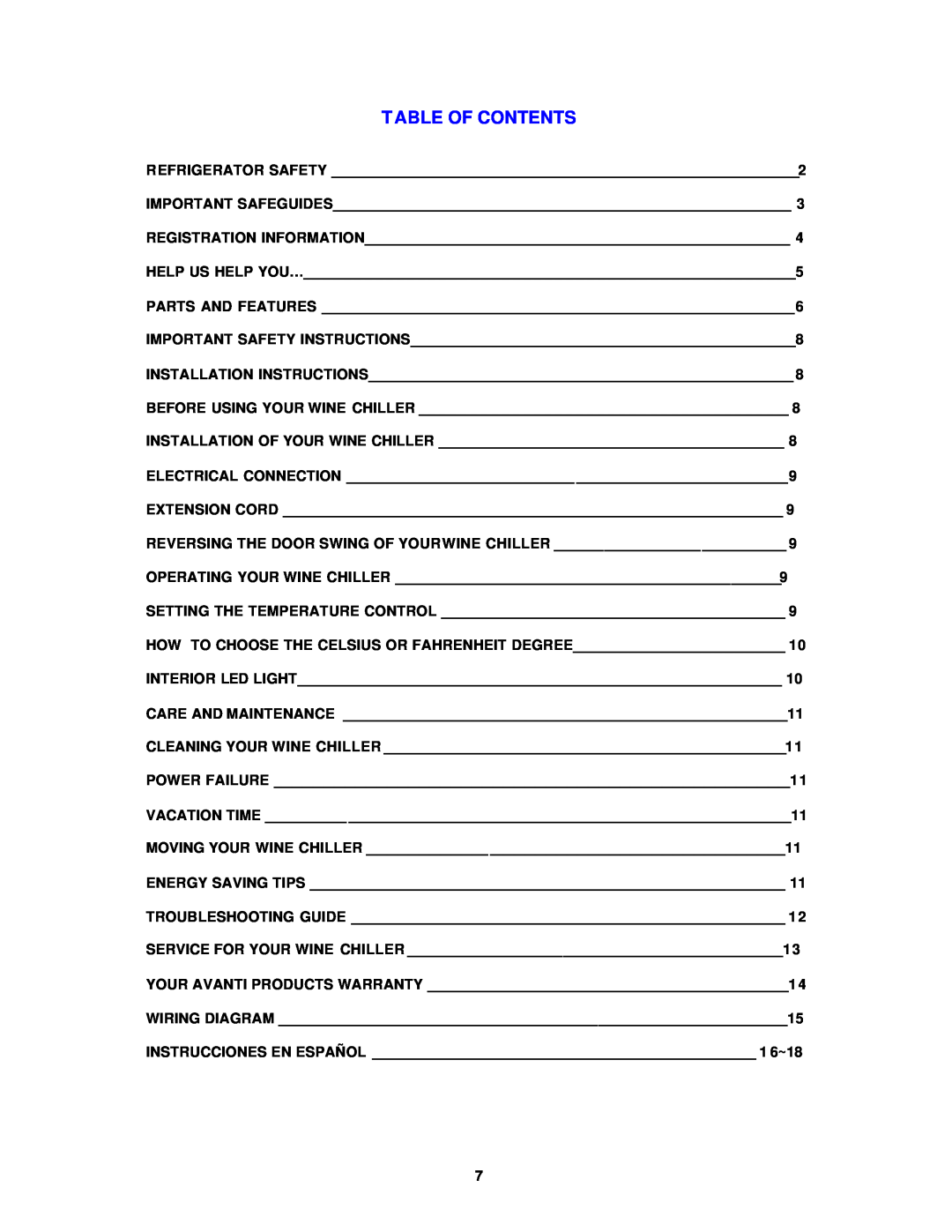 Avanti WC40D instruction manual Table Of Contents 