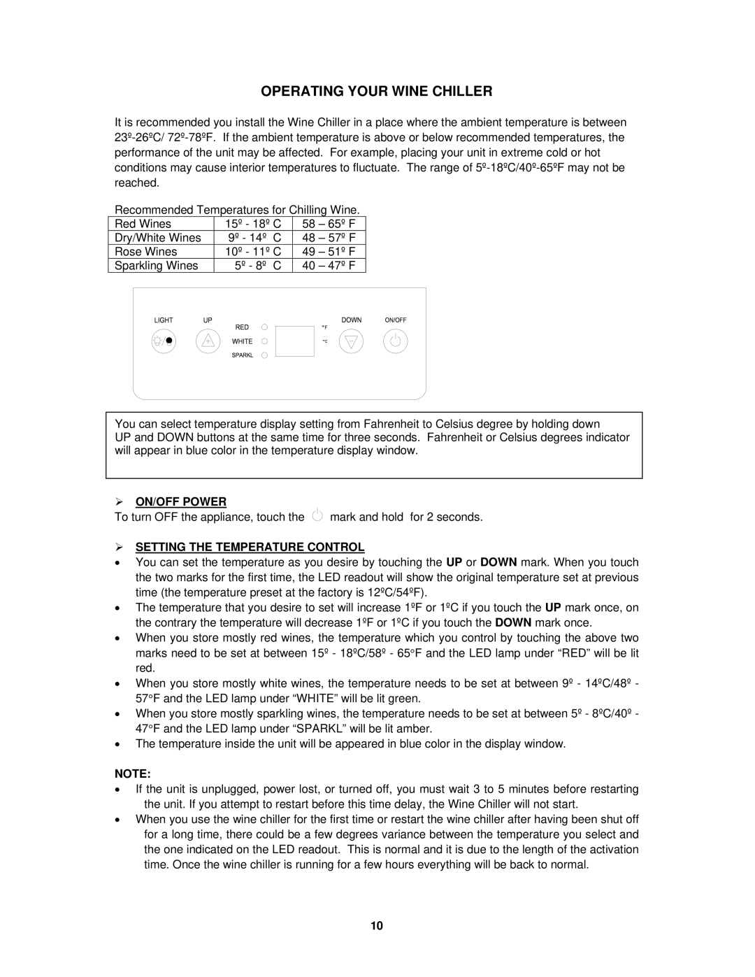 Avanti WC4800C instruction manual Operating Your Wine Chiller,  ON/OFF Power,  Setting the Temperature Control 