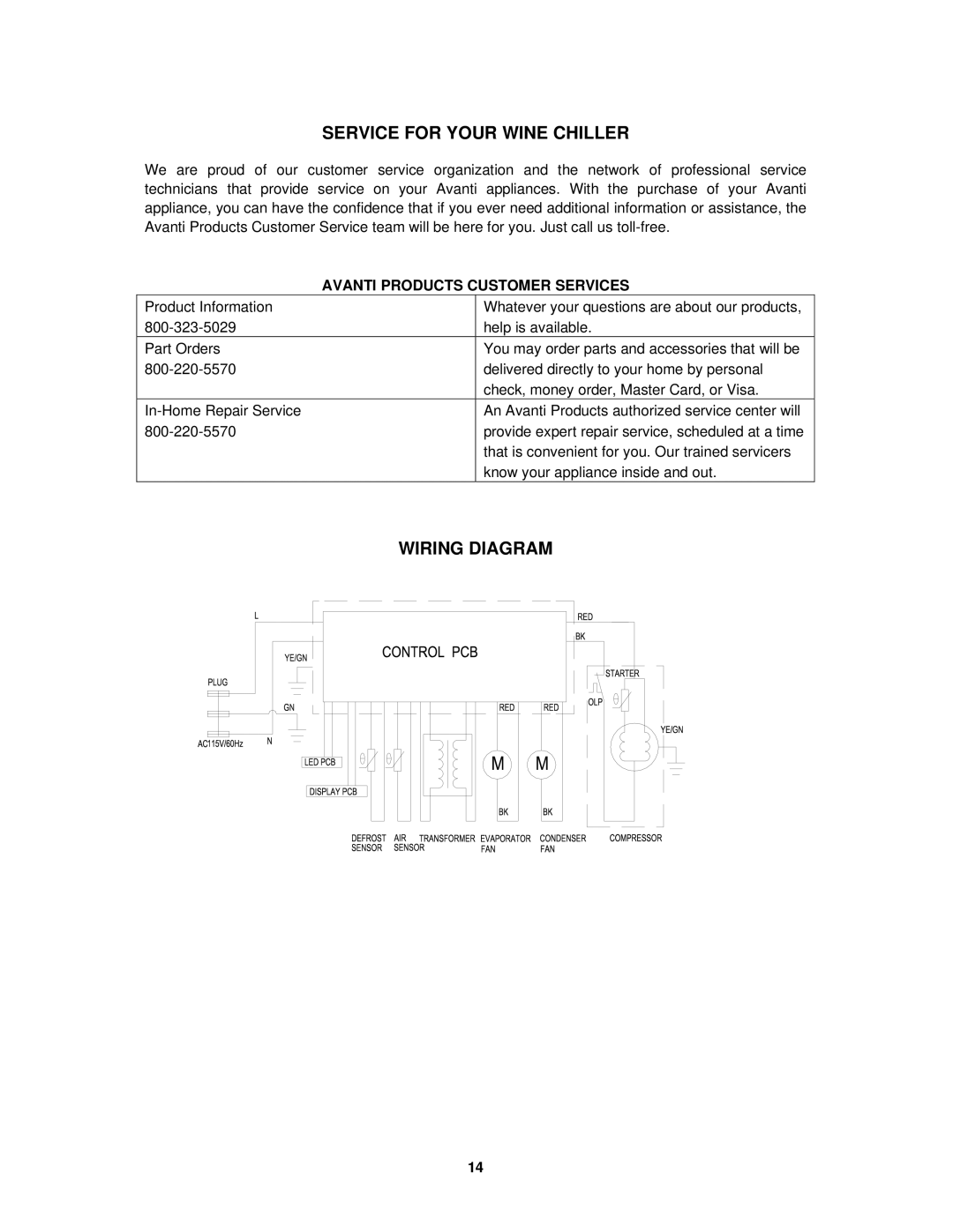 Avanti WC4800C instruction manual Service for Your Wine Chiller, Wiring Diagram, Avanti Products Customer Services 