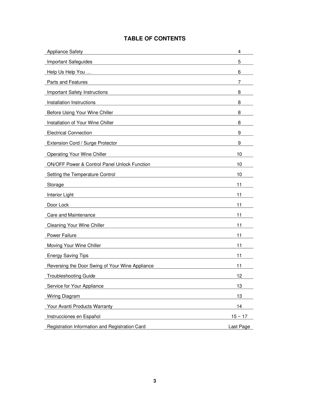 Avanti WC4800C instruction manual Table of Contents 