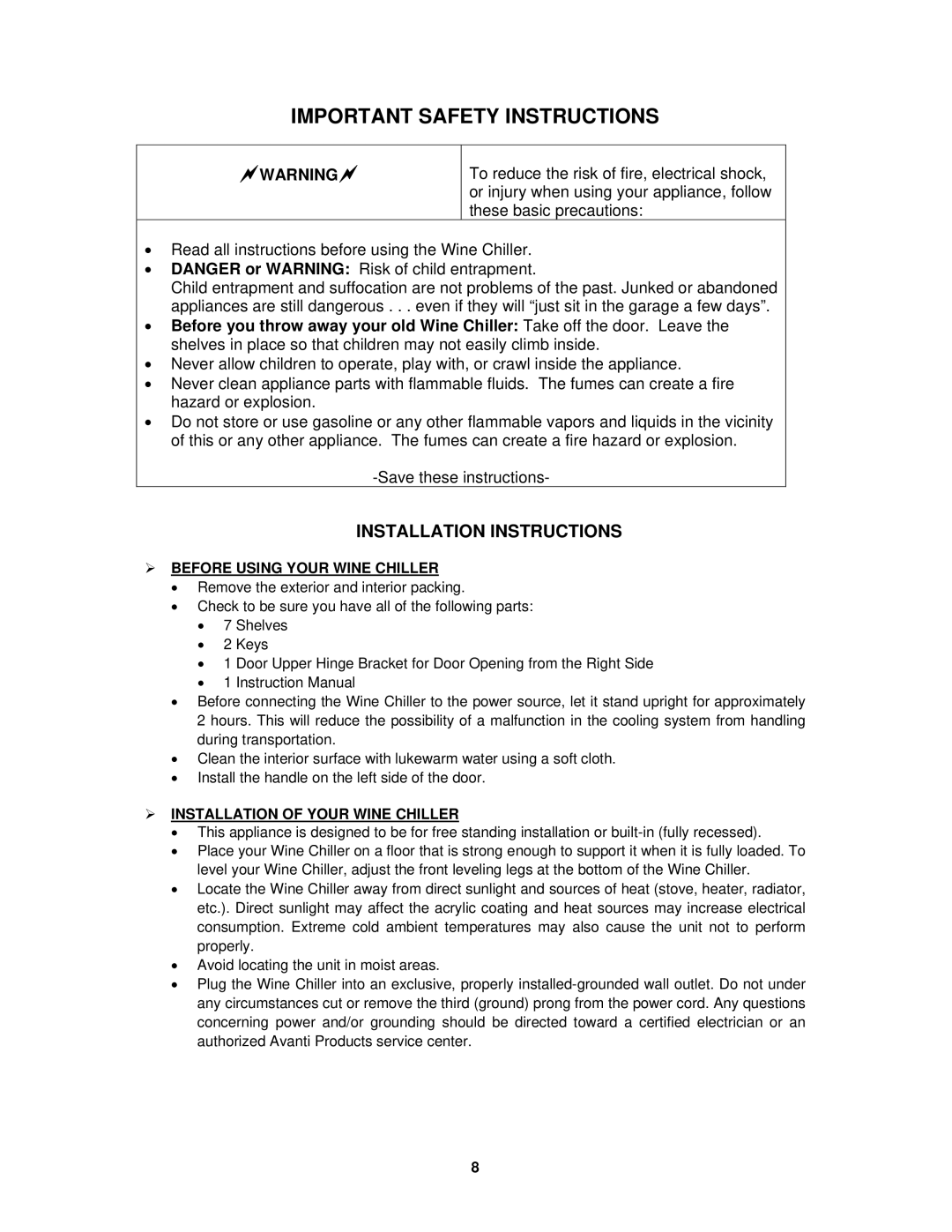 Avanti WC4800C Installation Instructions,  Before Using Your Wine Chiller,  Installation of Your Wine Chiller 