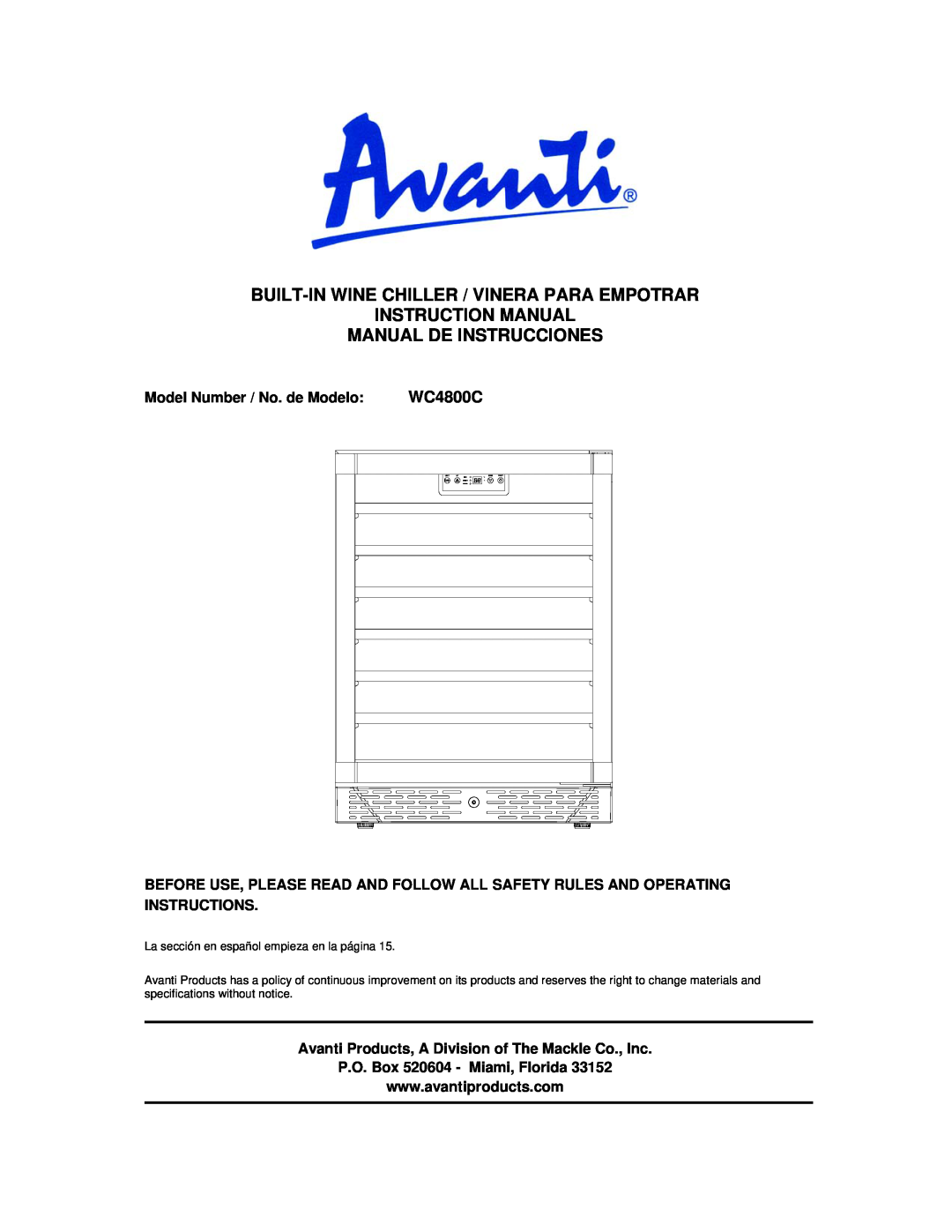 Avanti WC4800C instruction manual Built-Inwine Chiller / Vinera Para Empotrar, P.O. Box 520604 - Miami, Florida 