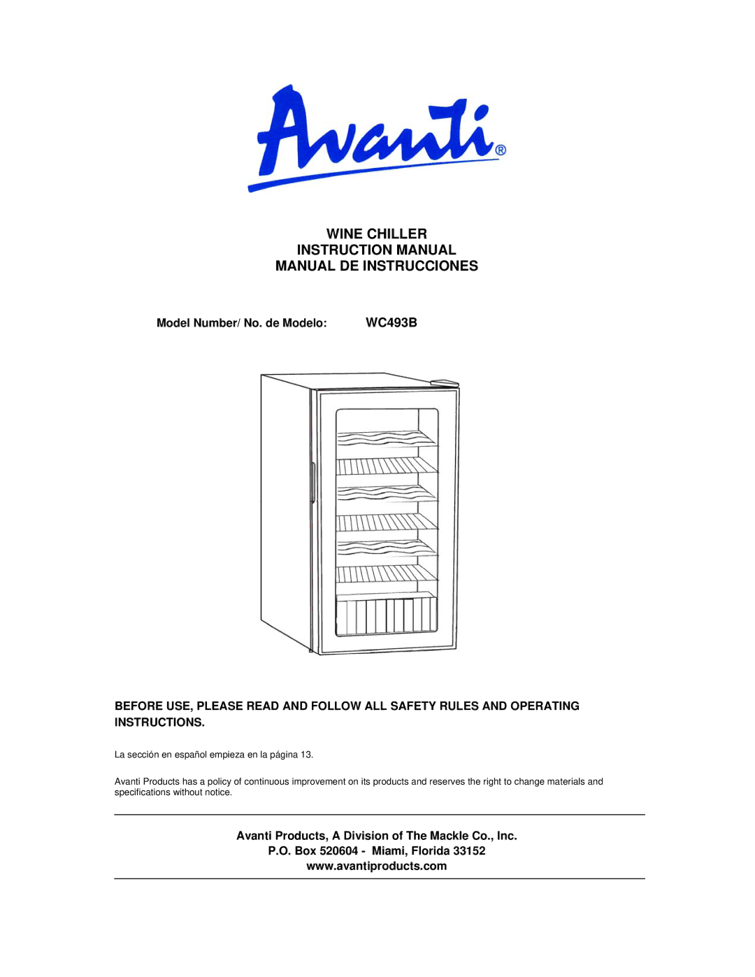 Avanti instruction manual Wine Chiller Manual DE Instrucciones, Model Number/ No. de Modelo WC493B 