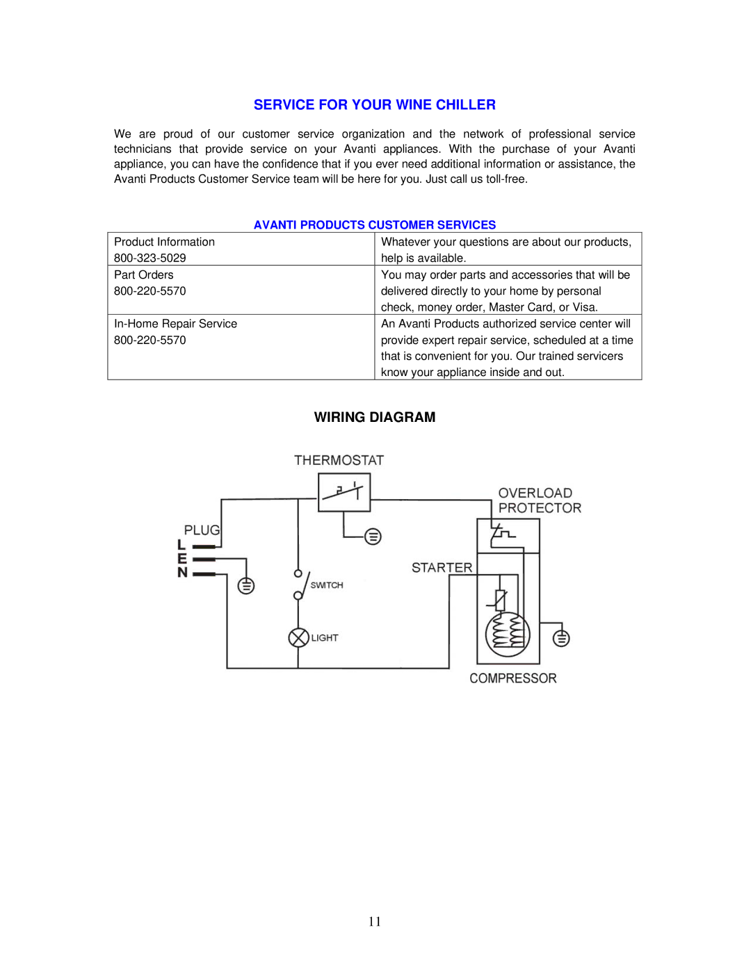 Avanti WC493B instruction manual Service for Your Wine Chiller, Wiring Diagram 