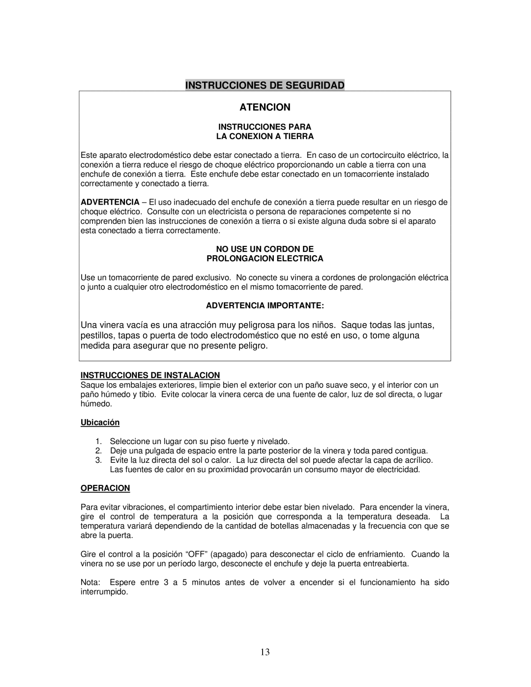 Avanti WC493B instruction manual Instrucciones DE Seguridad Atencion, Ubicación 