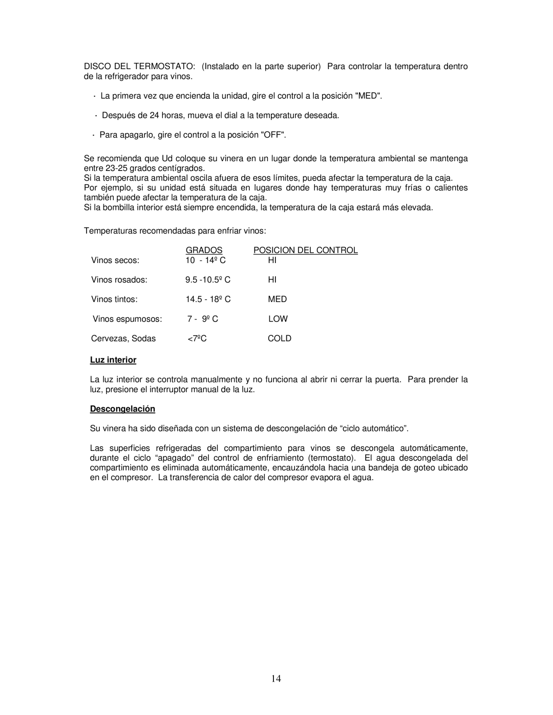 Avanti WC493B instruction manual Luz interior, Descongelación 