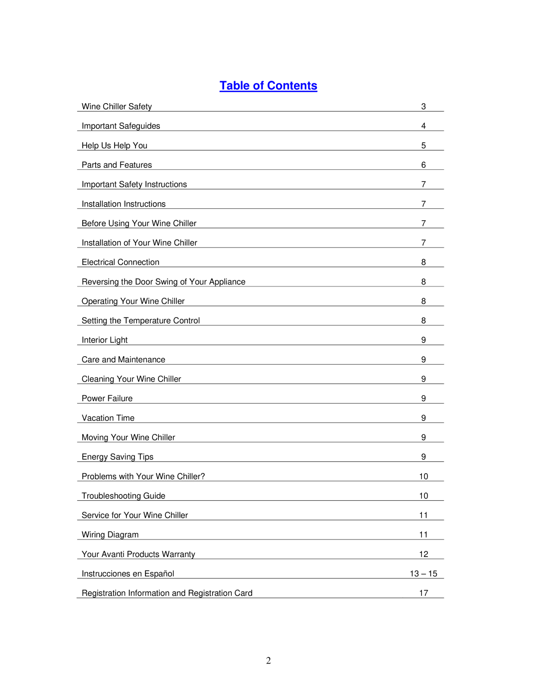 Avanti WC493B instruction manual Table of Contents 