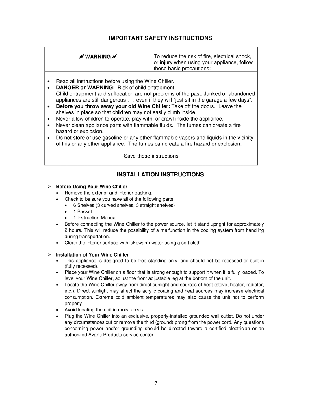 Avanti WC493B instruction manual Important Safety Instructions, Installation Instructions, ¾ Before Using Your Wine Chiller 