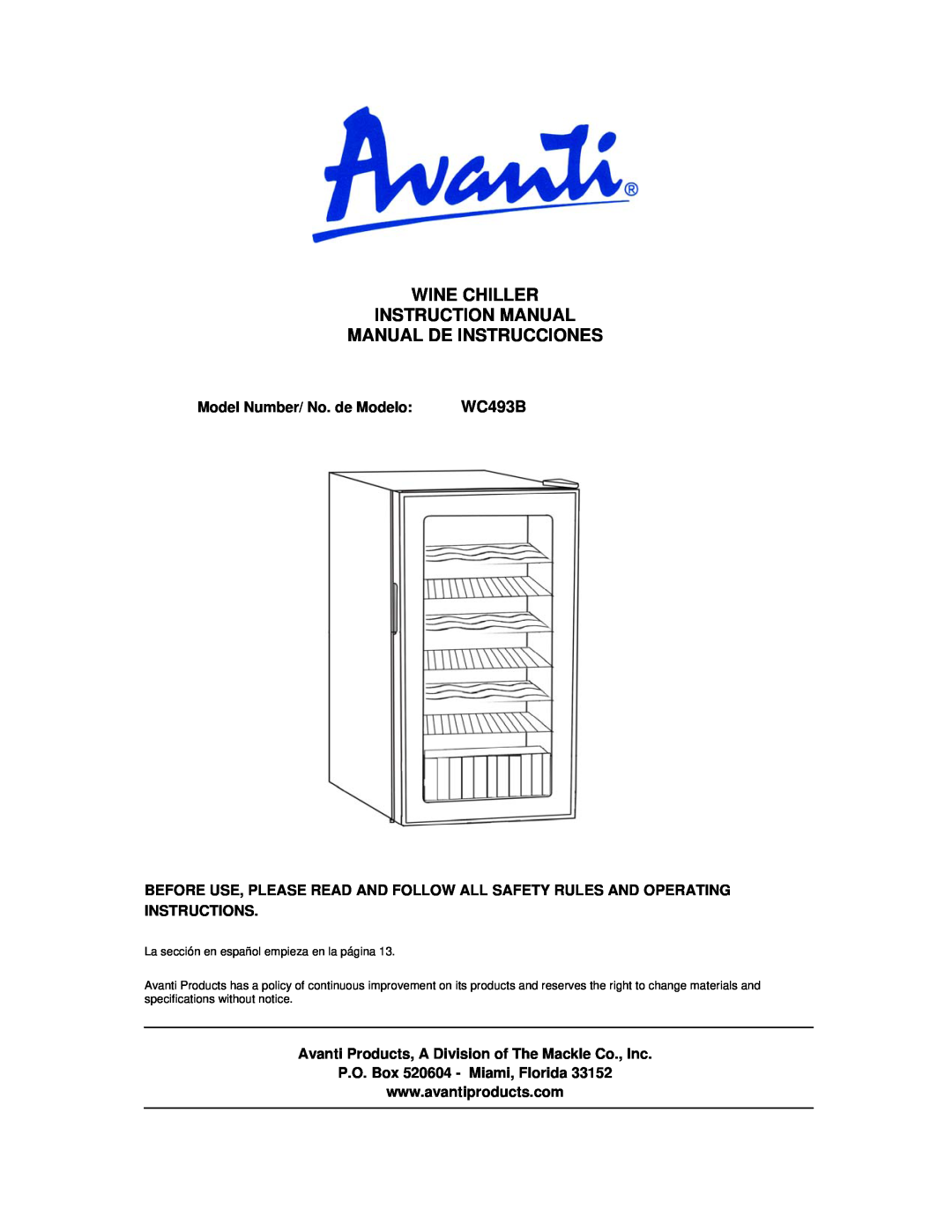 Avanti WC493B instruction manual Wine Chiller Instruction Manual, Manual De Instrucciones, Model Number/ No. de Modelo 