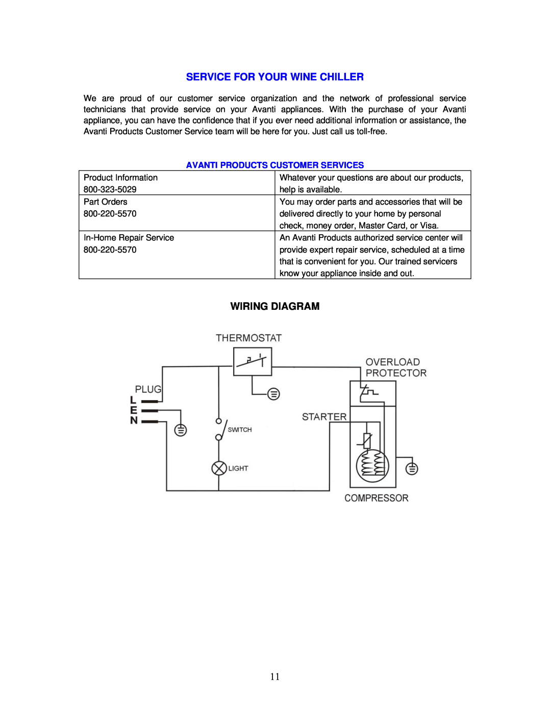 Avanti WC493B instruction manual Service For Your Wine Chiller, Wiring Diagram 