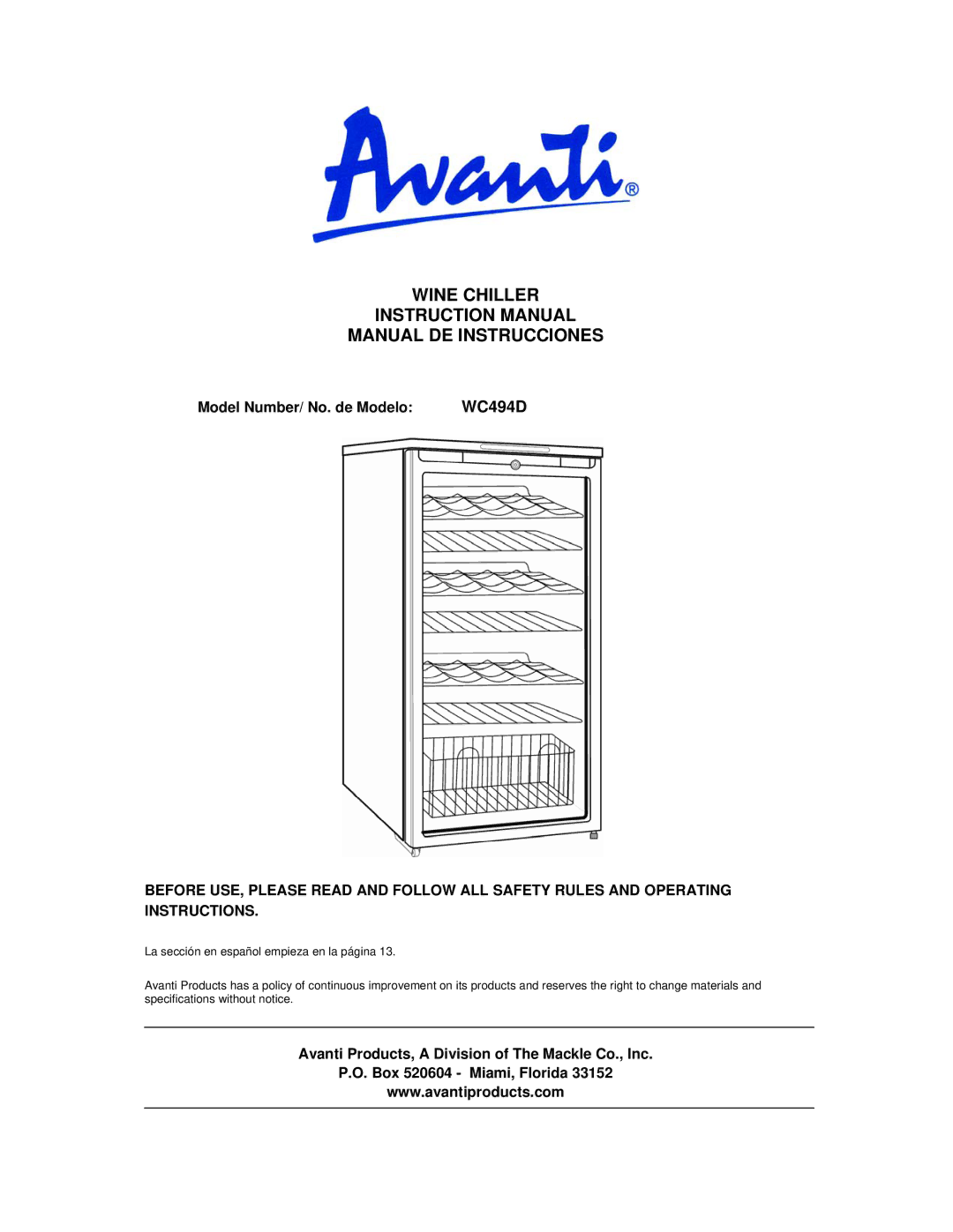 Avanti instruction manual Wine Chiller Manual DE Instrucciones, Model Number/ No. de Modelo WC494D 