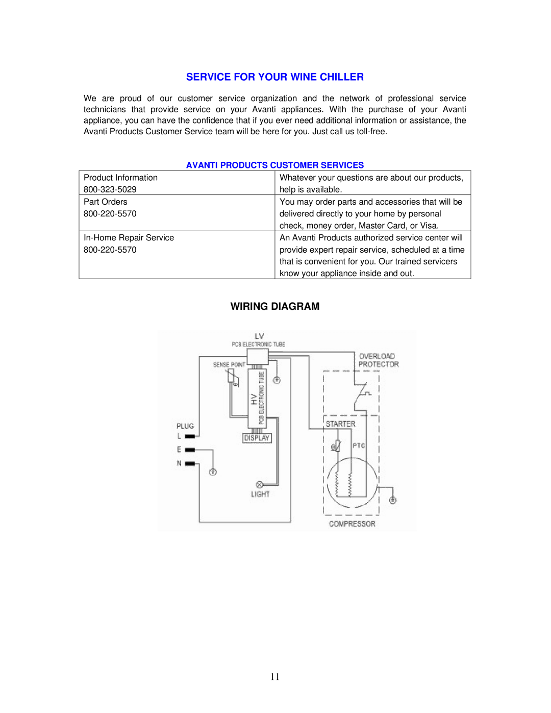 Avanti WC494D instruction manual Service for Your Wine Chiller, Wiring Diagram 