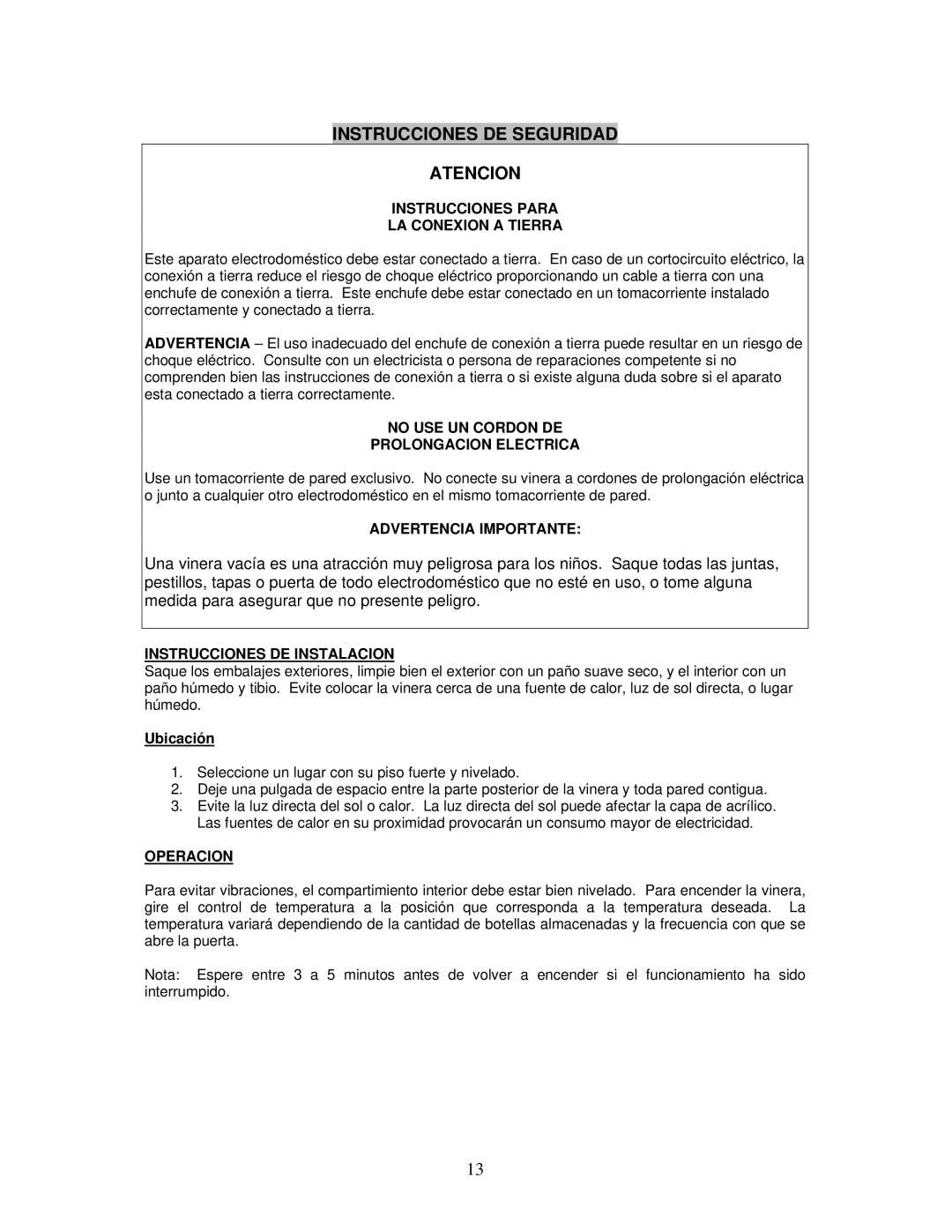 Avanti WC494D instruction manual Instrucciones DE Seguridad Atencion, Ubicación 