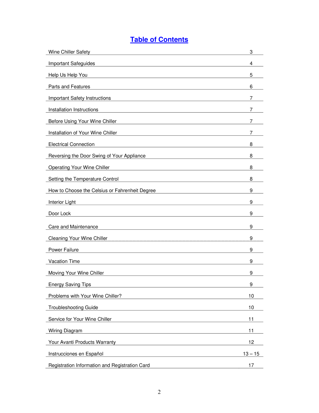 Avanti WC494D instruction manual Table of Contents 