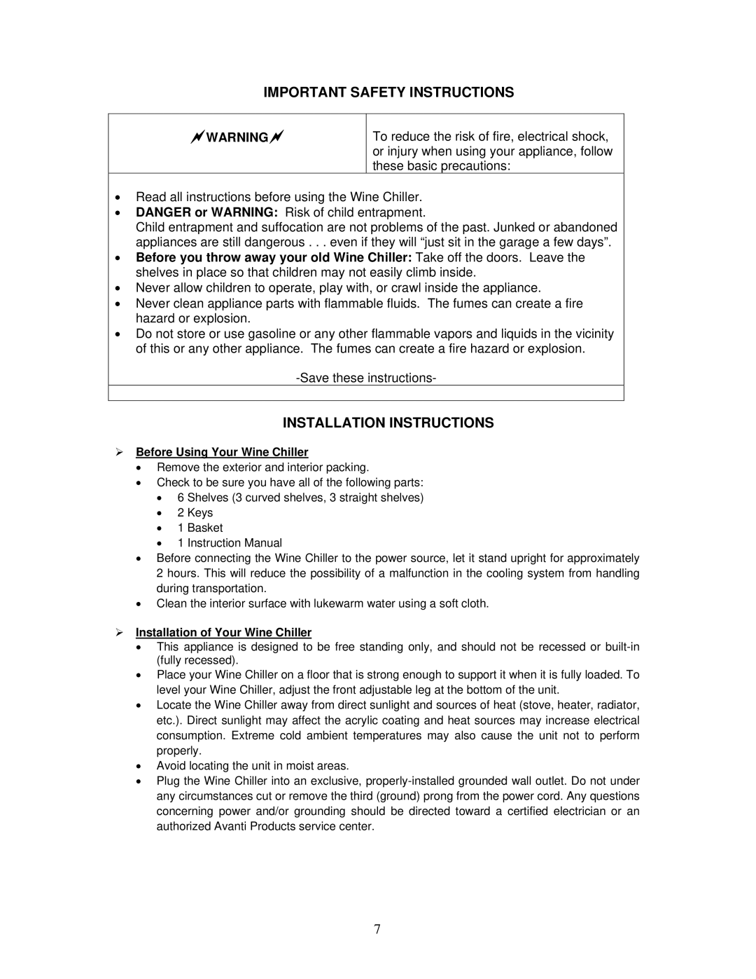 Avanti WC494D instruction manual Important Safety Instructions, Installation Instructions, ¾ Before Using Your Wine Chiller 