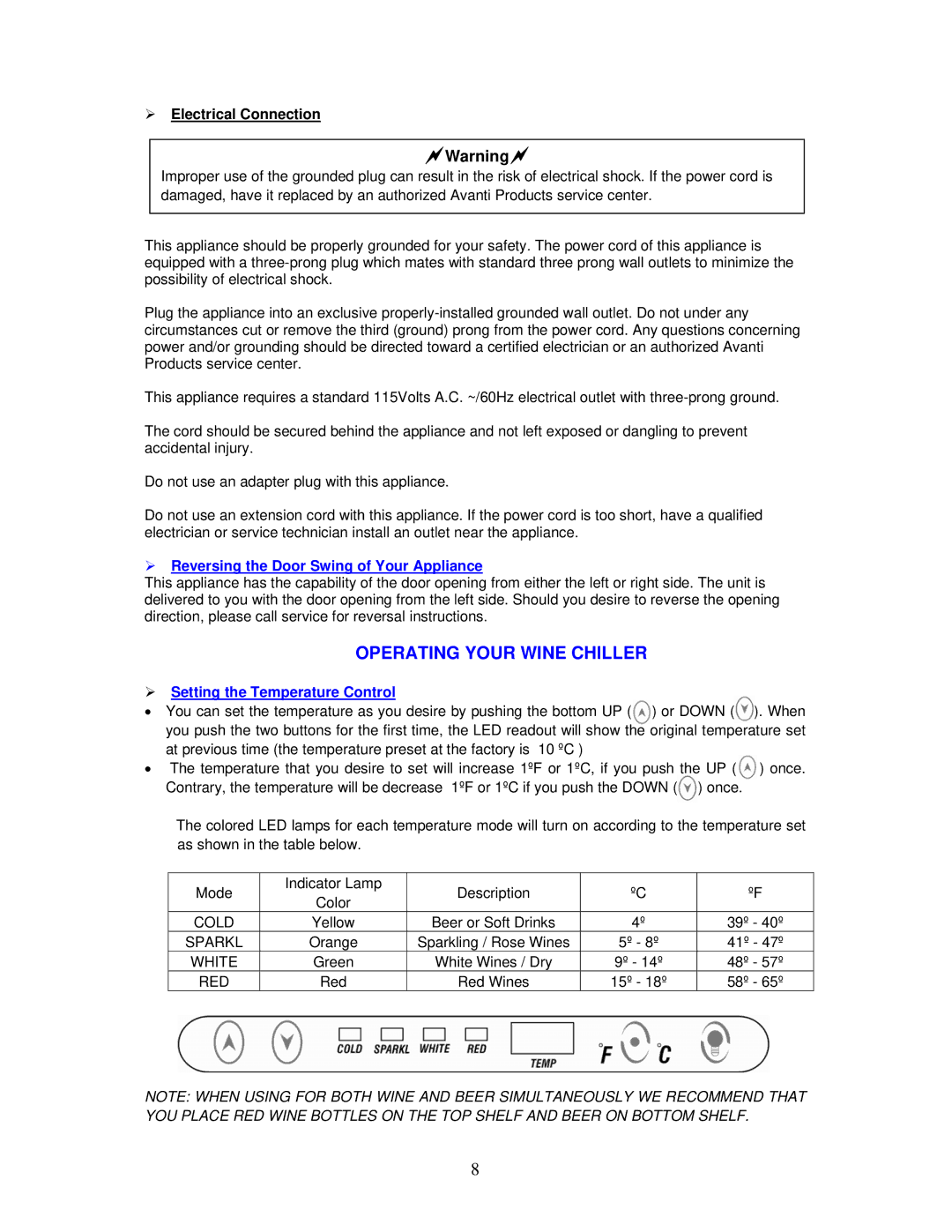 Avanti WC494D instruction manual ¾ Electrical Connection, ¾ Reversing the Door Swing of Your Appliance 