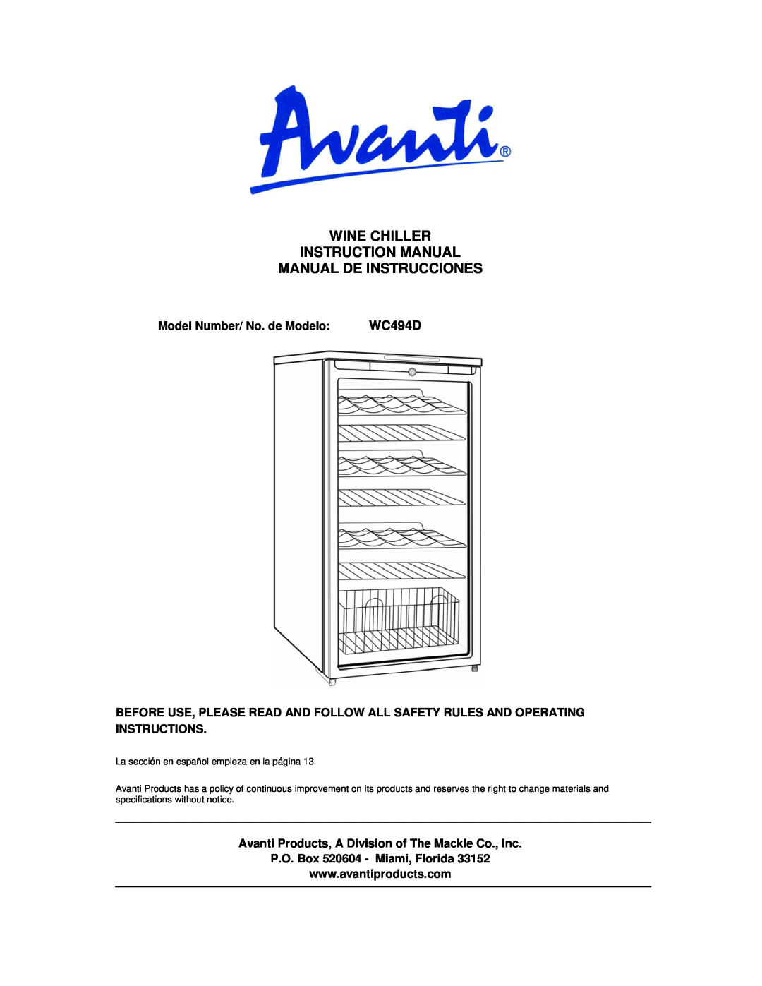 Avanti WC494D instruction manual Manual De Instrucciones, Model Number/ No. de Modelo, P.O. Box 520604 - Miami, Florida 