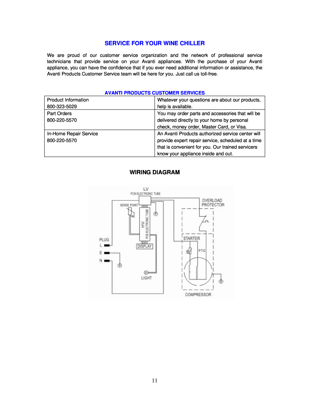 Avanti WC494D instruction manual Service For Your Wine Chiller, Wiring Diagram 