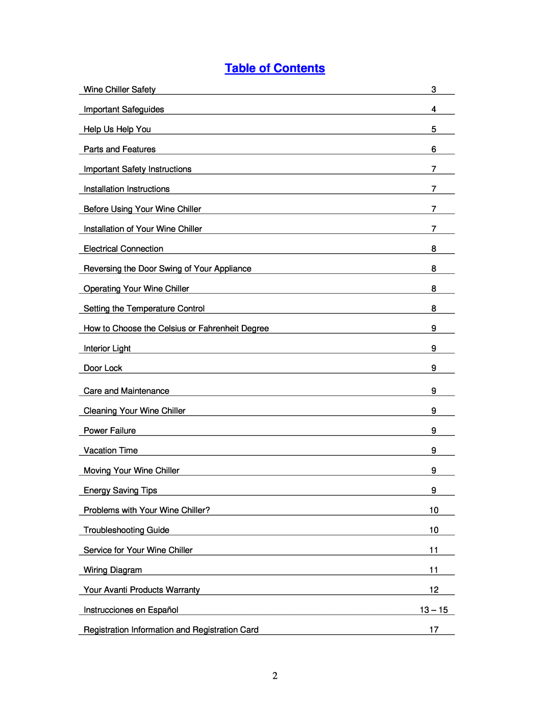 Avanti WC494D instruction manual Table of Contents 
