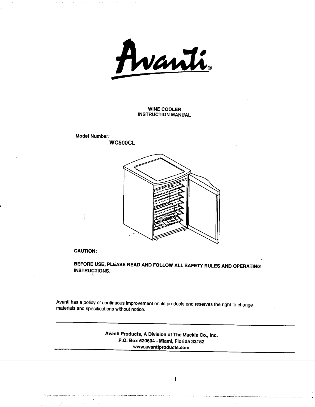 Avanti WC500CL manual 