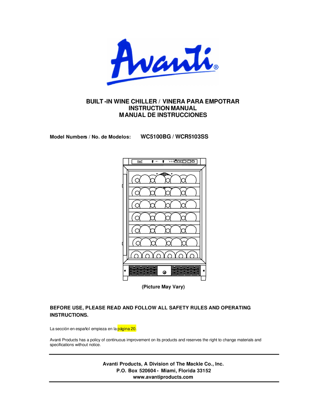 Avanti WCR5103SS, WC5100BG instruction manual 