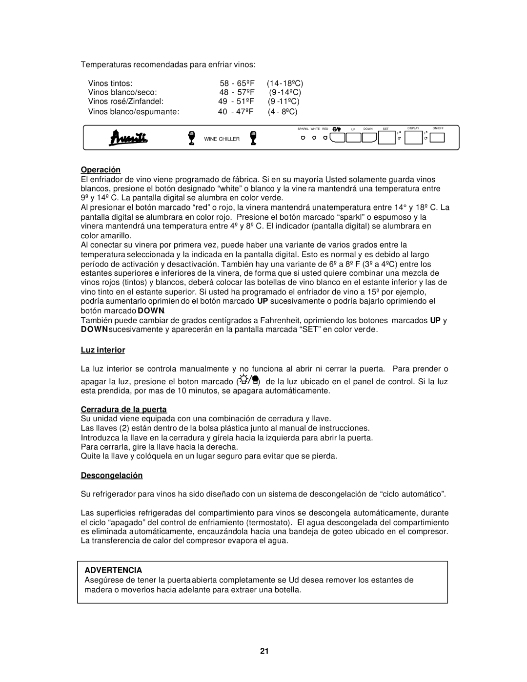 Avanti WCR5103SS, WC5100BG instruction manual Operación, Luz interior, Cerradura de la puerta, Descongelación, Advertencia 