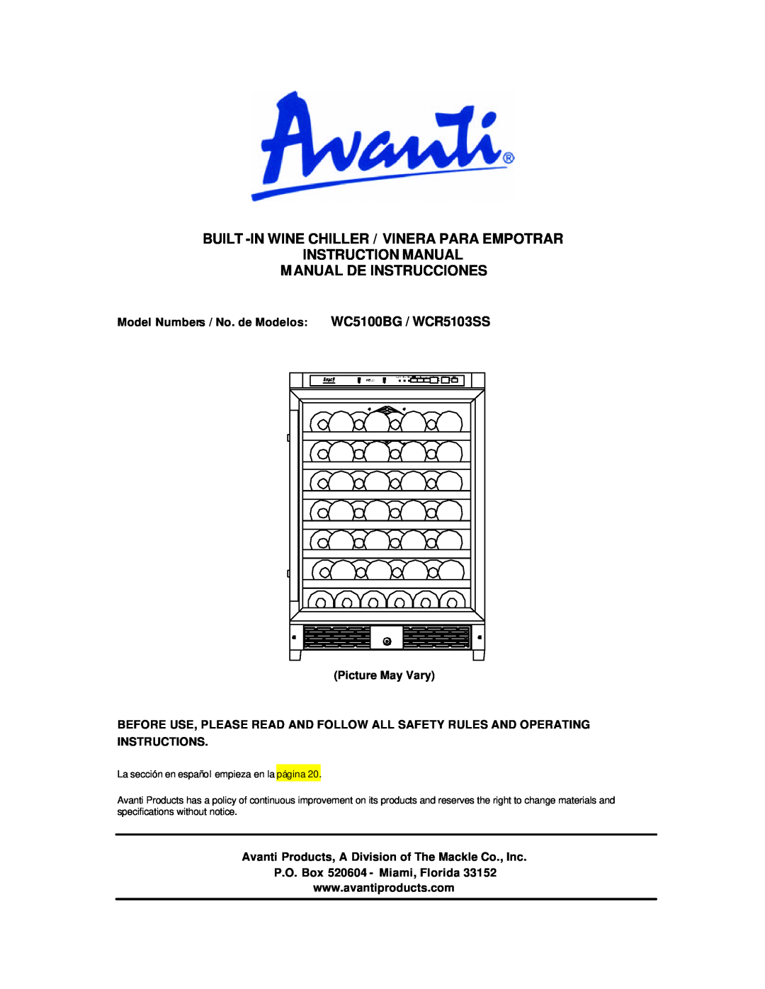 Avanti WCR5103SS, WC5100BG instruction manual Built -Inwine Chiller / Vinera Para Empotrar 