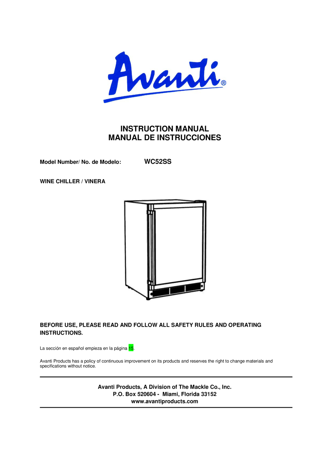 Avanti WC52SS instruction manual Manual DE Instrucciones, Model Number/ No. de Modelo 